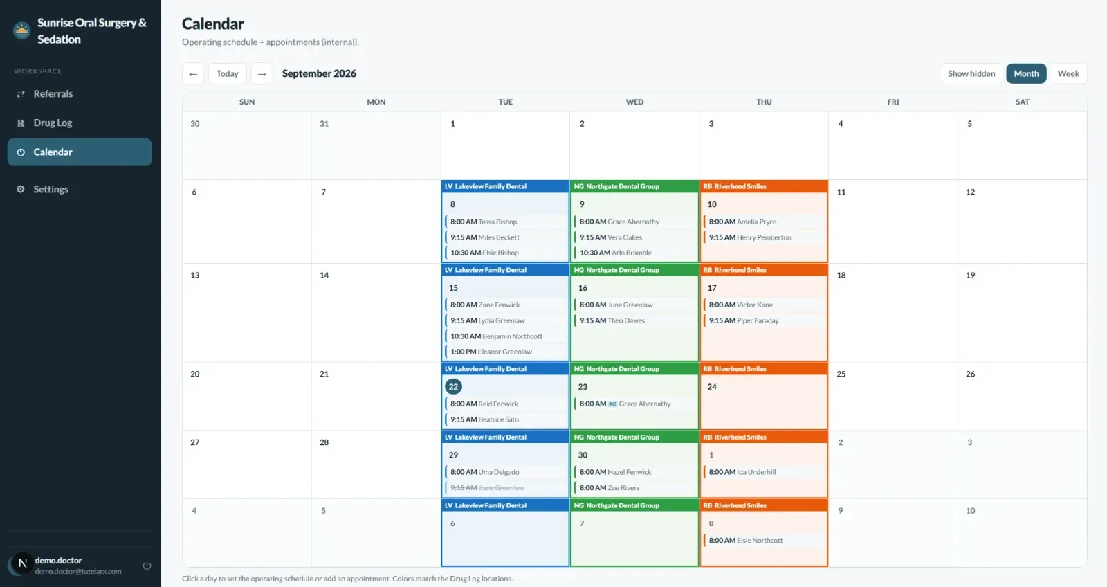 TutelaRx calendar for a traveling sedation practice: surgery days color-coded by host office, with the day's appointments listed under each (sample data)