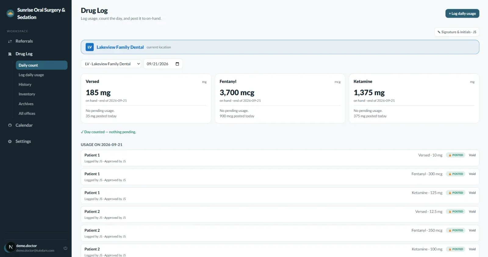 TutelaRx daily count screen: on-hand Versed, fentanyl, and ketamine at one office, the day counted with nothing pending, and each patient's posted doses approved by the doctor (sample data)