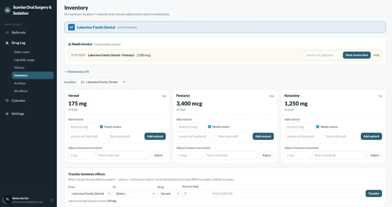 TutelaRx inventory for one office: on-hand Versed, fentanyl, and ketamine, restock and recount entries, and a transfer between offices (sample data)