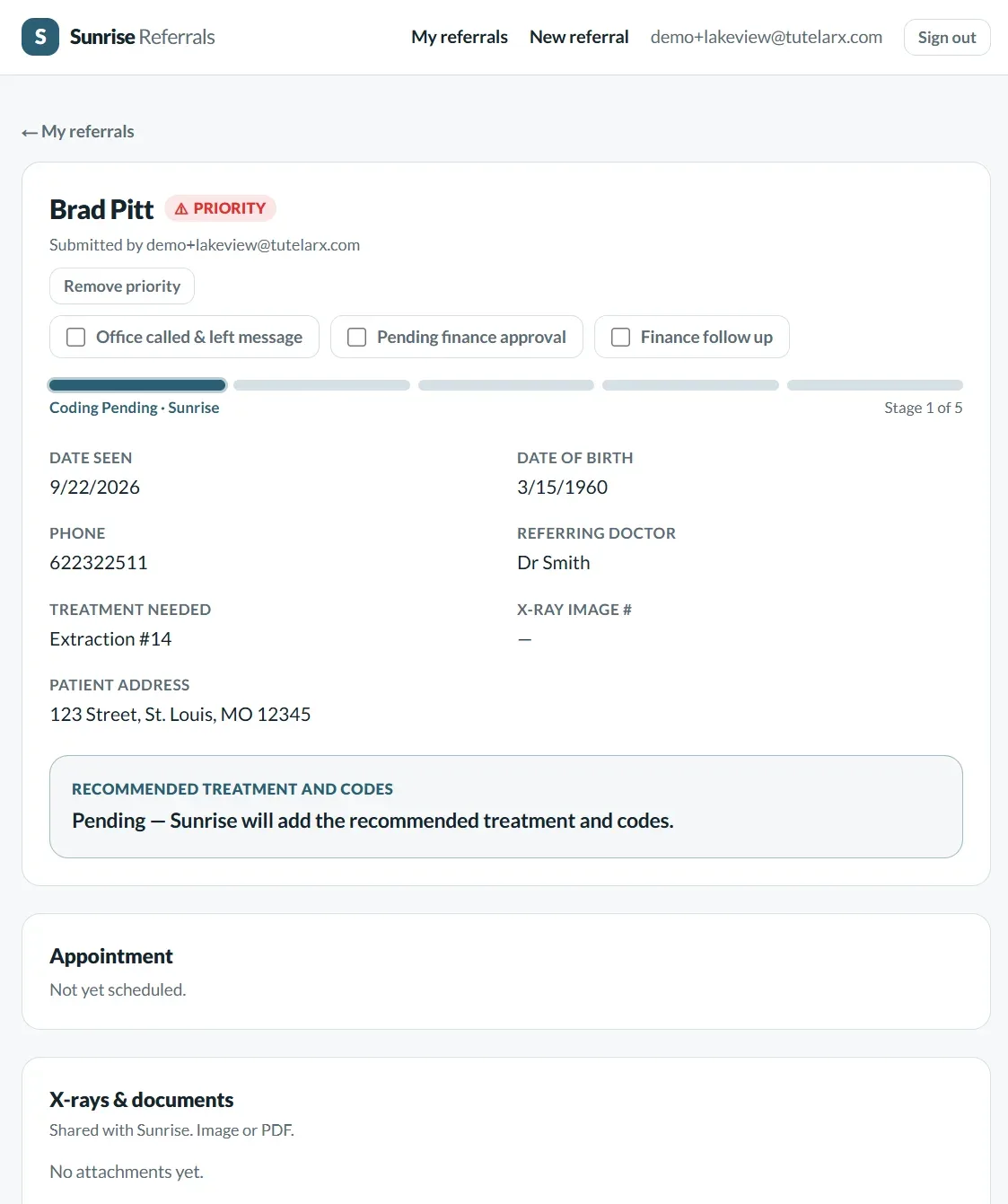 The referring-office portal: one referral for a fictional patient, flagged priority, at stage 1 of 5, with the patient details the office entered and the treatment-and-codes box waiting on the surgeon (sample data)