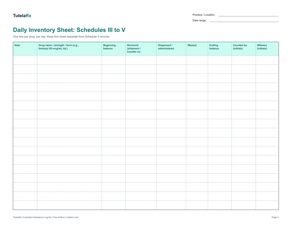 One page of the free TutelaRx log kit: a daily inventory sheet with columns for date, drug, beginning balance, received, dispensed or administered, wasted, ending balance, counted by, and witness initials